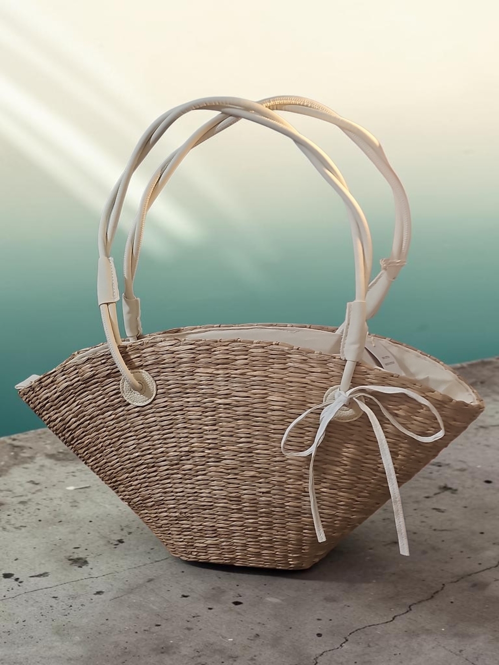Natural Woven Tote with Cream Handles and Tie
